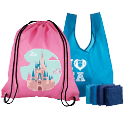 a pink drawstring nylon backpack with a castle on it and a blue nylon bag with different color options