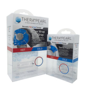 a pair of clear PET/PVC boxes with blue and red labels