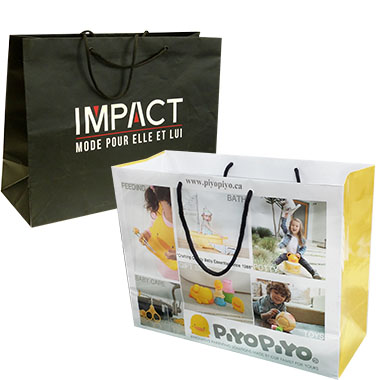 a pair of laminated paper shopping bags with different designs
