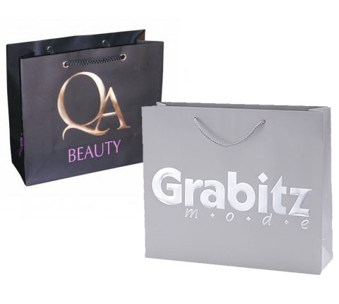 a black and a gray laminated paper shopping bags with embossed logo