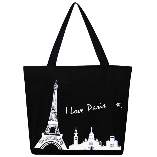 a black canvas bag with white Eiffel Tower design