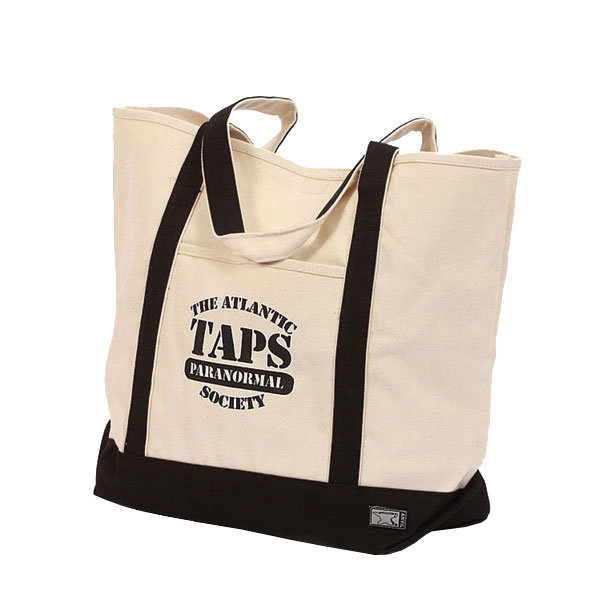 a white and black canvas boat tote bag with a black logo