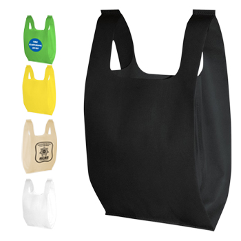 a black non-woven t-shirt bag with different colored bags