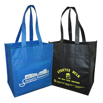 a blue and black reusable shopping bags with text on them