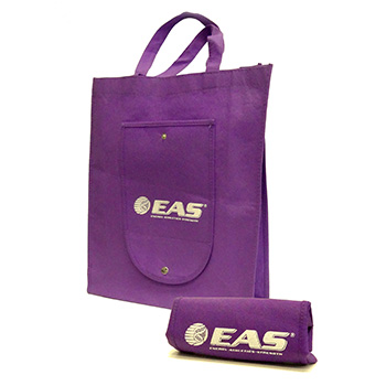 a purple foldable reusable shopping bag with logo on it