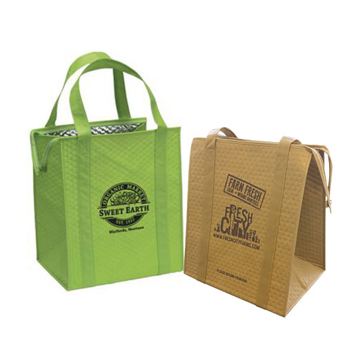 a green and tan non-woven insulated grocery bags with logos on them