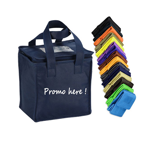 a black non-woven insulated tote bag with a stack of folded bags in different colours