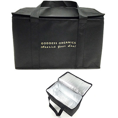 a black insulated food delivery bag with text on it