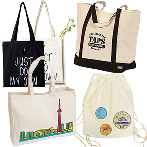 several canvas bags with different designs and styles