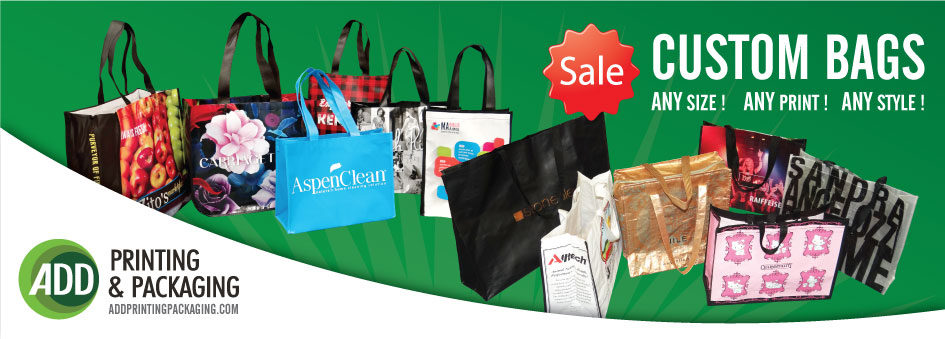 a group of custom reusable shopping bags on a green background and a logo