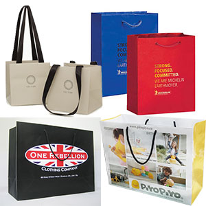 several laminated paper shopping bags with different colours, designs and styles