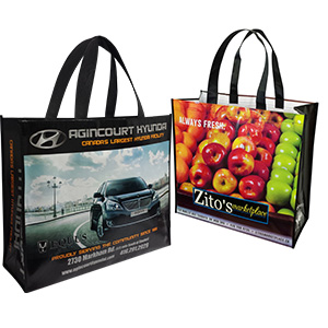 two laminated non-woven shopping bags with images of fruits and Honda vehicle