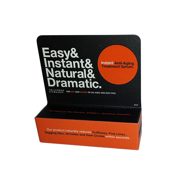 serum display hanger cosmetic boxes with black and orange design and white text on it