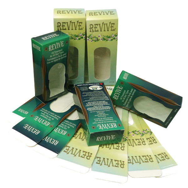 several tuck end products boxes with Clear PVC Window