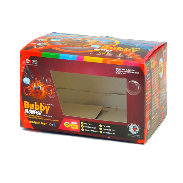 a red toy products box with a clear window