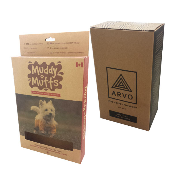 two kraft paper boxes one with a picture of a dog and one with a logo on it