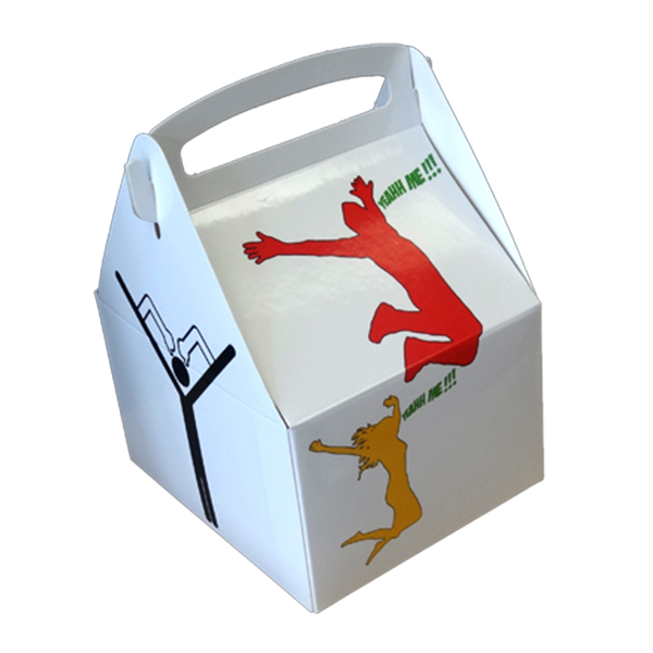 white gift boxes with a red and yellow design and with die-cut handle