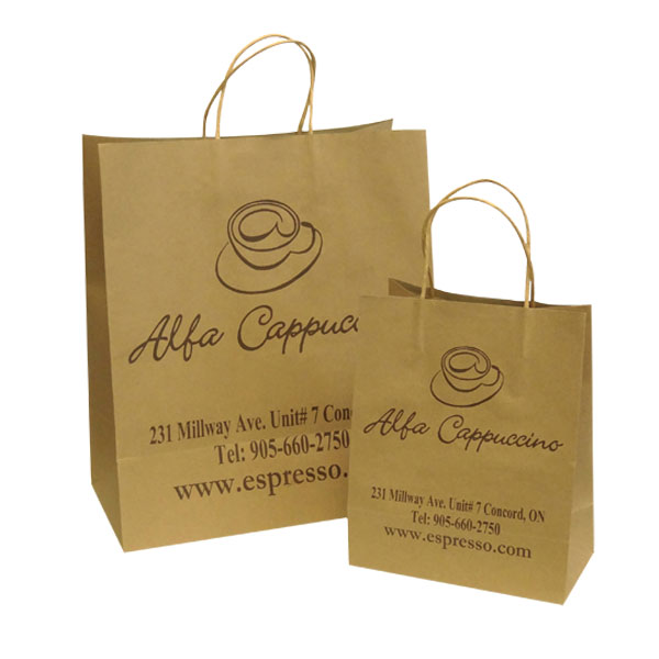 a pair of brown paper bags with handles and text on them