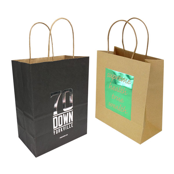 a black and a brown paper shopping bags with foil hot stamped logo