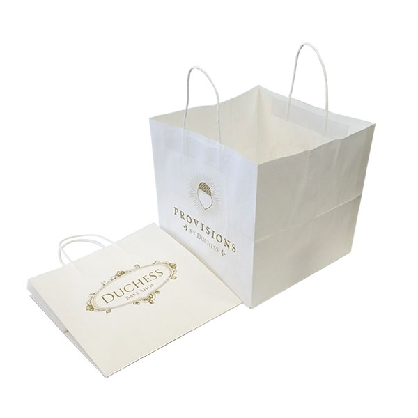 a white paper bag with handles