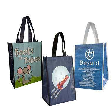 three laminated non-woven shopping bags with different designs