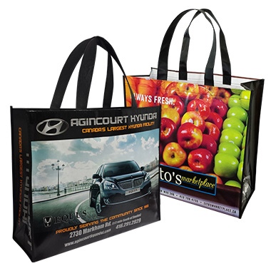 two laminated non-woven shopping bags with images of fruits and car
