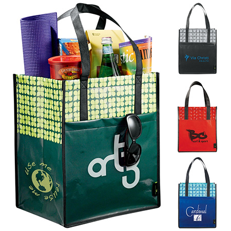 laminated non-woven shopping bags with different items inside and three colour options