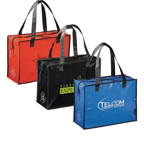 a group of laminated non-woven bags with logos