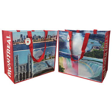 two laminated reusable non-woven bags with a picture of a city