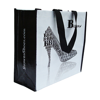 a white and black laminated woven bag with black handle and a shoe design