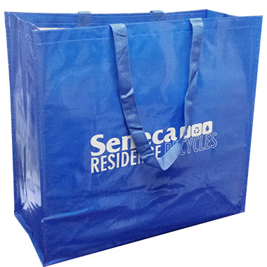 a blue laminated woven shopping bag with white text