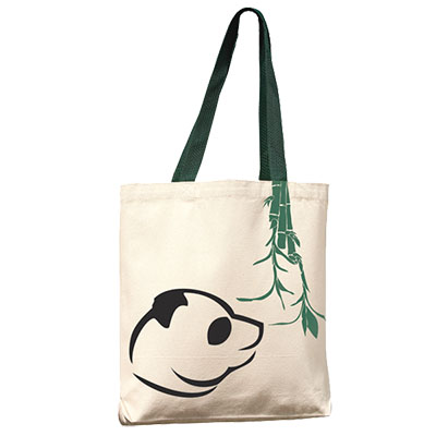 a reusable canvas tote bag with colourful handle and a panda design