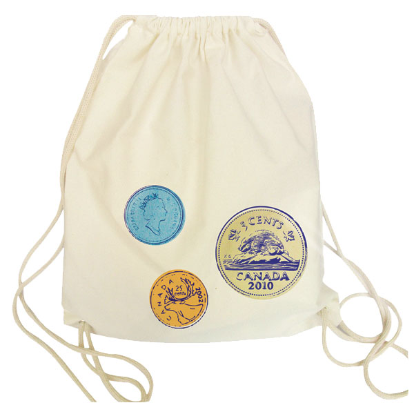 a white drawstring cotton bag with blue and yellow stamps