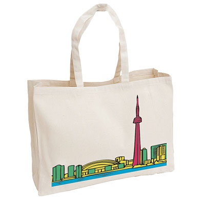 a white reusable cotton bag with a city skyline on it