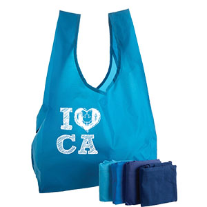 a blue nylon shopping bag with a few folded nylon bags in different colours