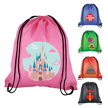 a group of drawstring nylon backpack with different designs and colours