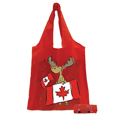 a red nylon bag with a moose and Canada flag design on it