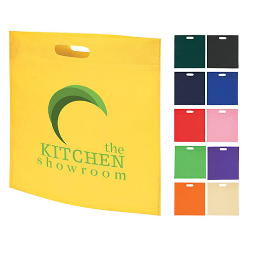 yellow non-woven shopping bags with die-cut handle and a logo on it