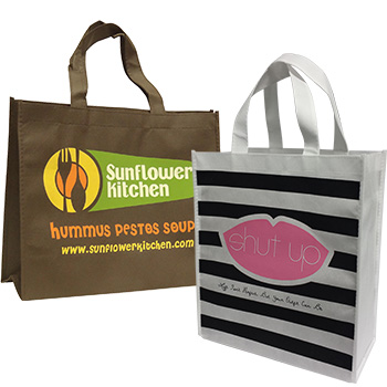 two reusable multi-colour printed non-woven shopping bags with logos
