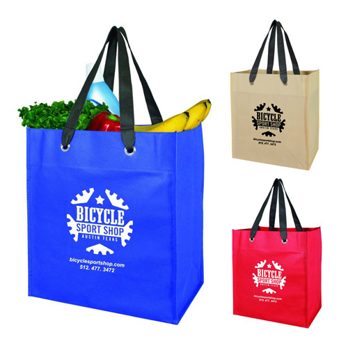 a group of non woven shopping bags with a logo on them