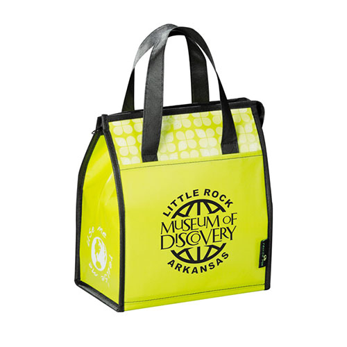 a yellow laminated non-woven insulated cooler bag with black trim