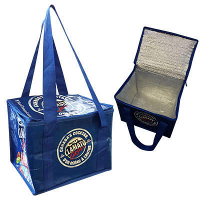 a blue laminated woven cooler bag with clear PET waterproof inner bag