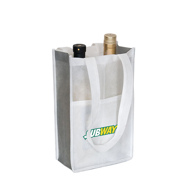 a 2 bottles white wine bag with bottles inside and Subway logo on it