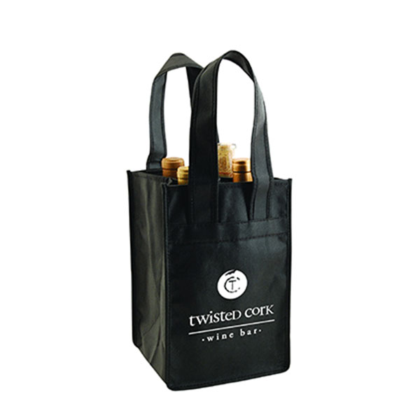 a black bag with four bottles of wine and a white logo on it