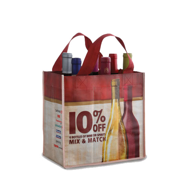 a laminated non-woven bag with bottles of wine and 10% off text on it