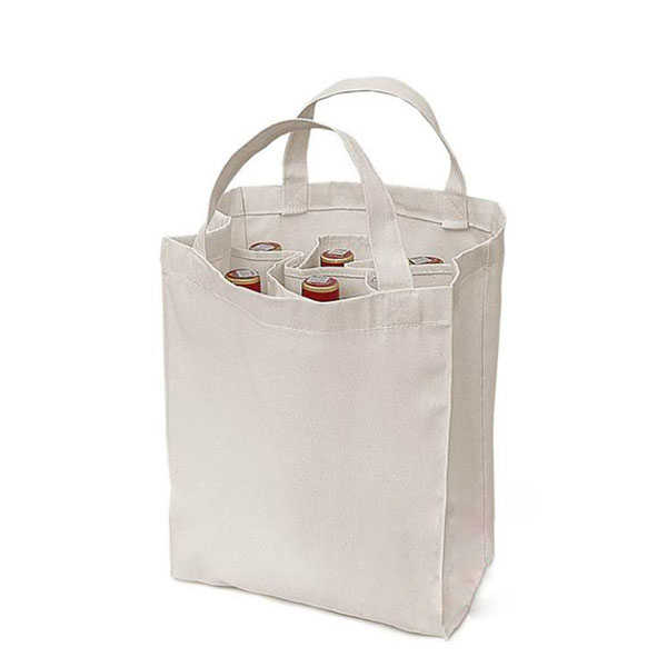 a white canvas shopping bag with bottles in it