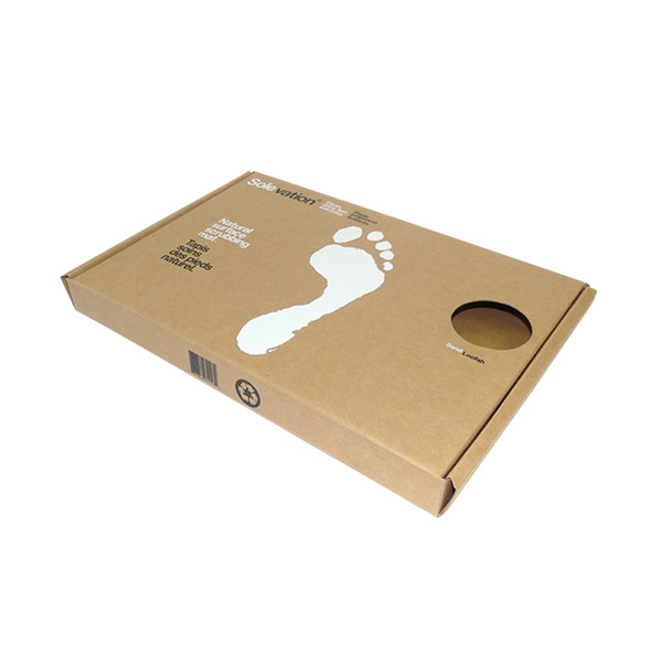 a brown mailer style custom packaging box with a footprint on it