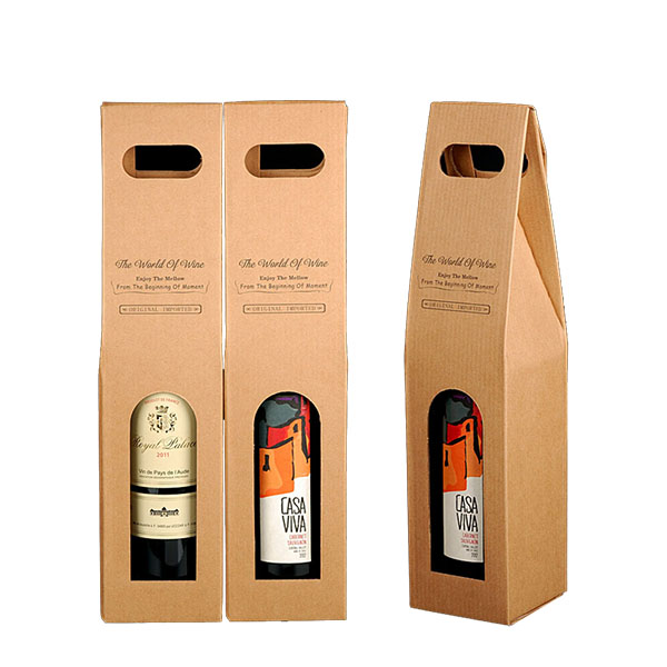 a group of wine bottles in a corrugate wine box with die-cut handle
