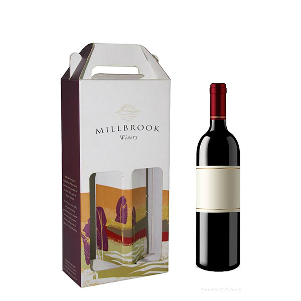 a bottle of wine next to a gable corrugate wine box