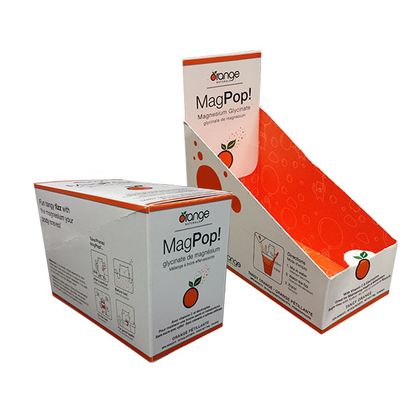 a white and orange display boxes with a red design inside after tear off